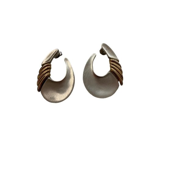 Vintage Retro 80s Oval Pierced Earrings Two-Tone Brushed Silver & Gold Tone - Picture 3 of 6